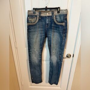 Rock Revival Wales Alt Straight Men’s Size 33 Stone Washed Distressed Jeans